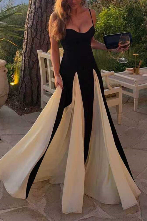 Spaghetti Strap Low Cut Color Block Swing Maxi Dress
