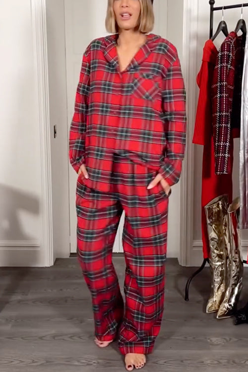 Pyjama-Set mit weihnachtlichem Karomuster, langen Ärmeln, Button-Down-Hemd und gerader Hose