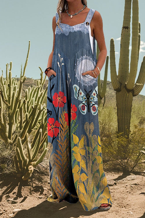 Pocketed Wide Leg Unique Print Cami Jumpsuit Blue