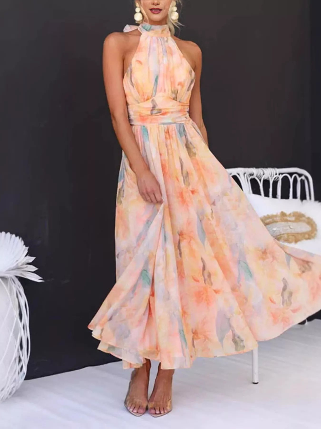 Full Size Halter Neck Floral Print Maxi Dress Plus Size – Voeza