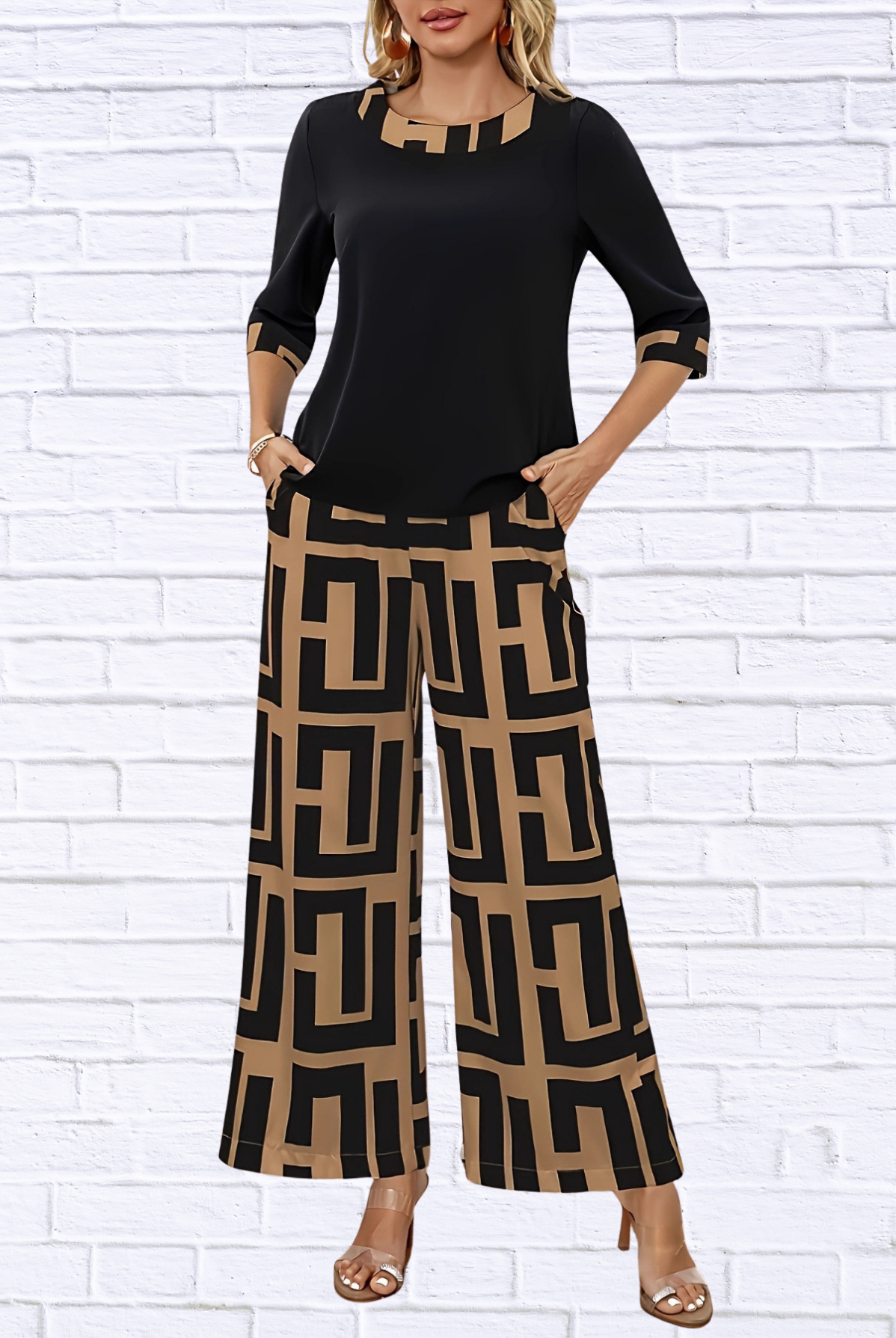 Geometric Print Round Neck Top and Pants Two-Piece Set