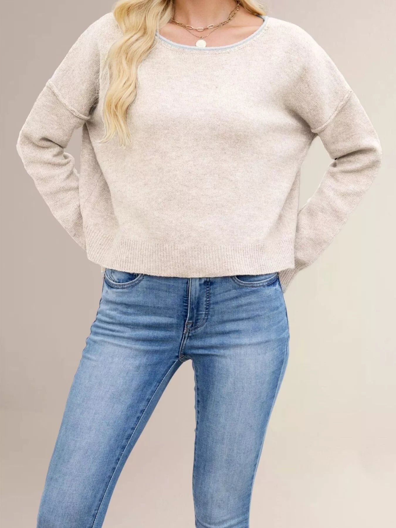 Contrast Trim Dropped Shoulder Sweater