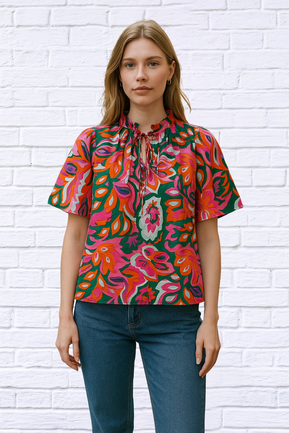 Tropical Print Short Sleeve Tie Neck Blouse – Multicolor