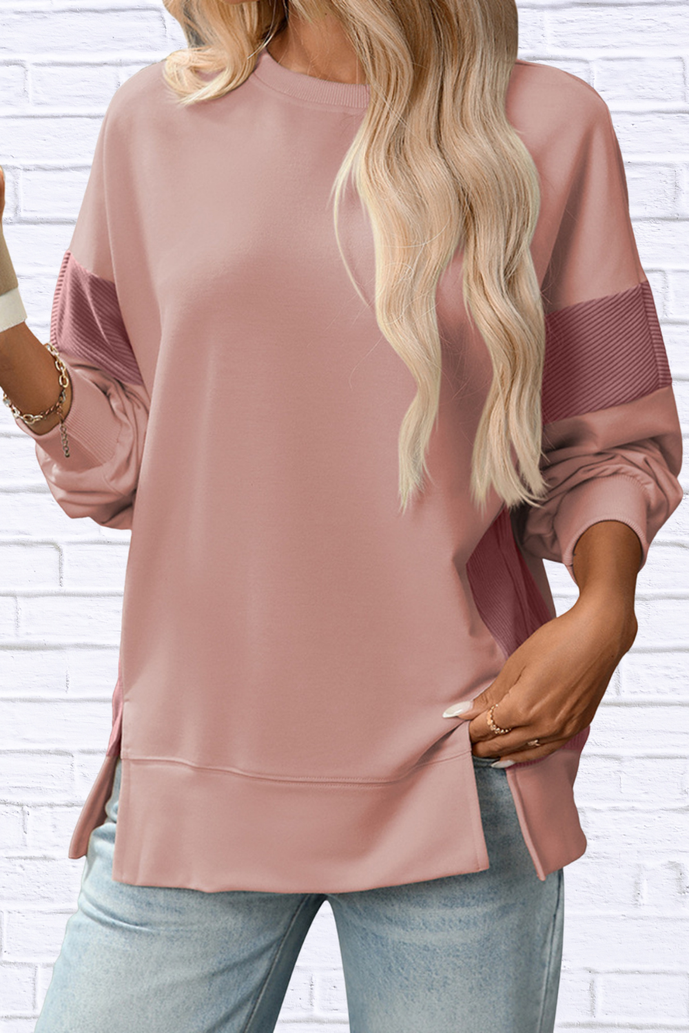 Slit Round Neck Long Sleeve Sweatshirt
