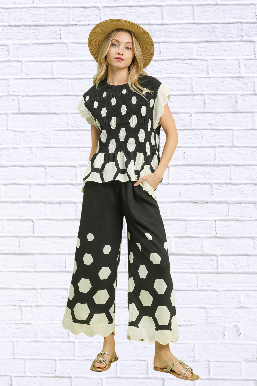 Umgee Hexagon Print Wide Leg Pants with Scalloped Hem