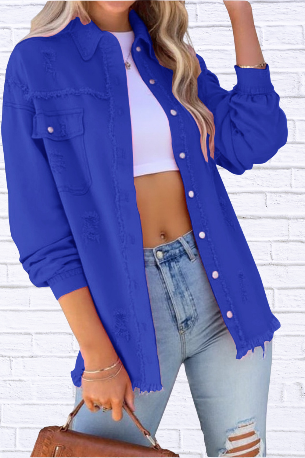 Distressed Denim Jacket with Frayed Edges