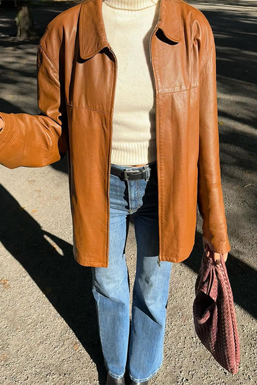 Veste en similicuir à fermeture éclair et revers surdimensionnés