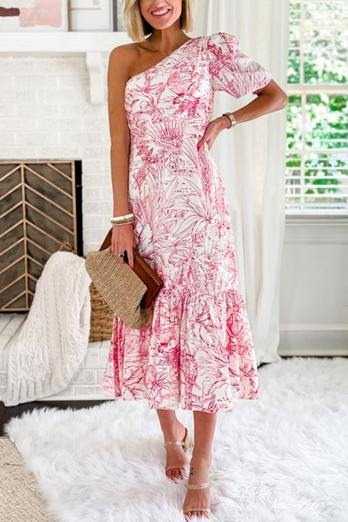 One Shoulder Printed Ruffle Midi Party Dress Pink