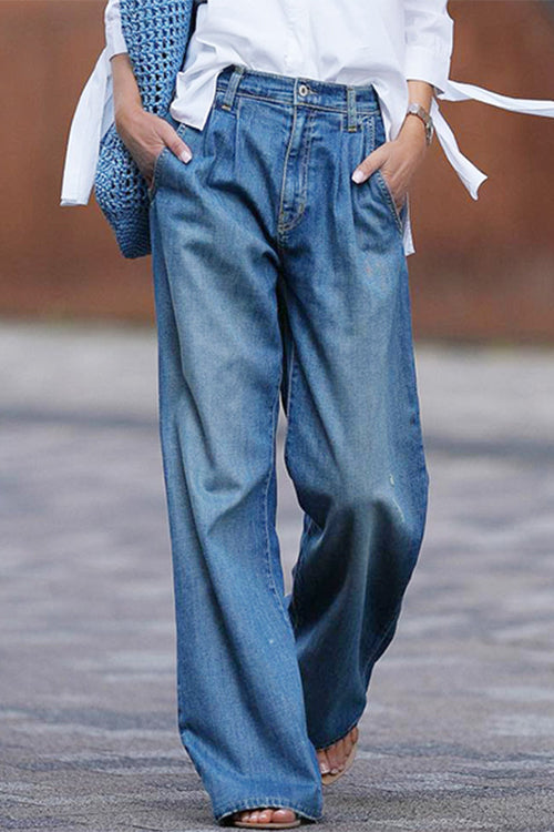 Pantalon en denim vintage à jambe large et effet vieilli