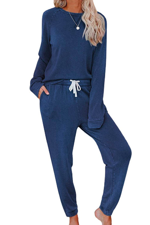 Long Sleeves T-shirt Drawstring Waist Joggers Loungewear Set Blue