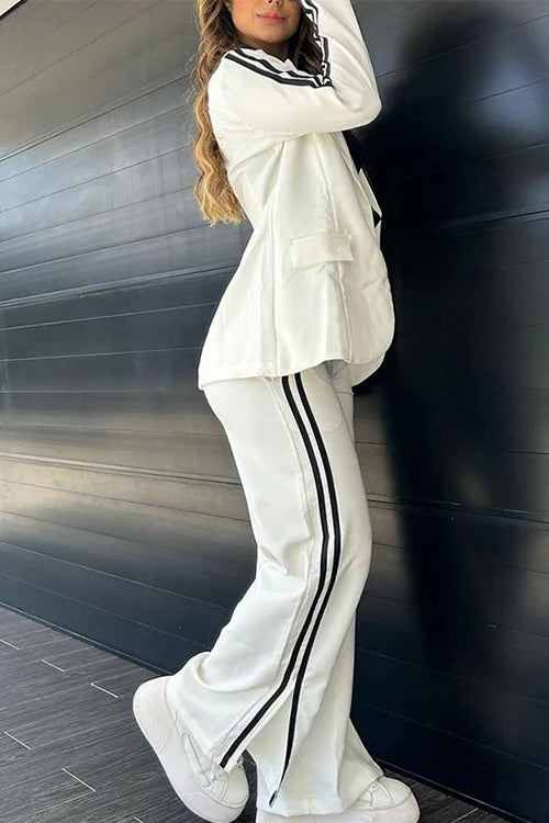 Color Block Open Front Blazer Elastic Waist Slit Wide Leg Pants Set