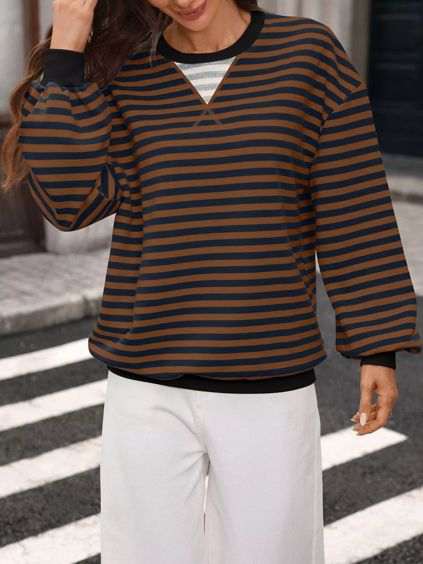 Contrast Trim Striped Crew Neck Sweatshirt