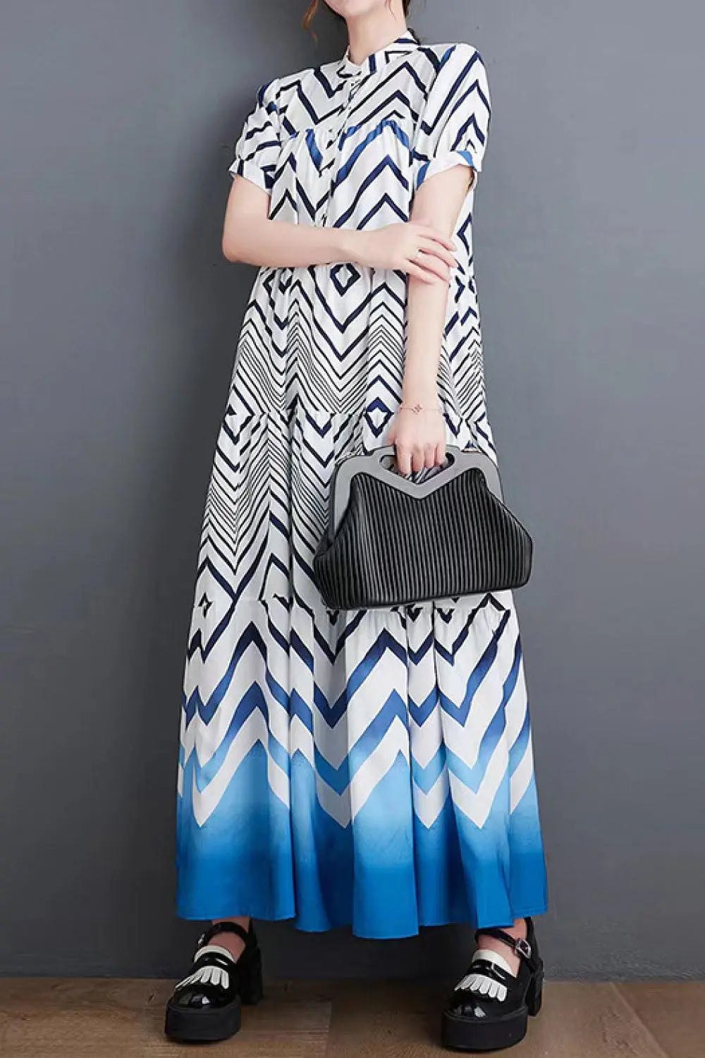 Blue Zone Planet | Chevron Stripe Puff Sleeve Tiered Maxi Dress