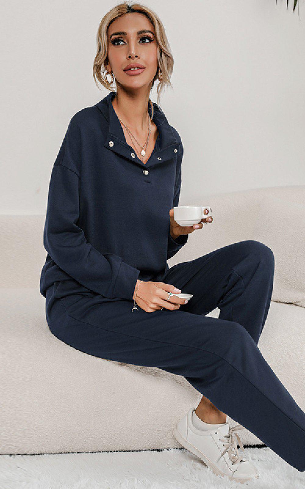 Blue Zone Planet | Buttoned Collar Top and Pants Lounge Set