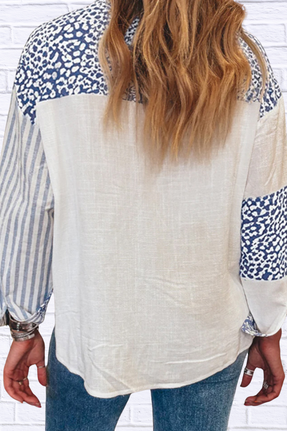 Patchwork Button Down Shirt with Leopard Print Details