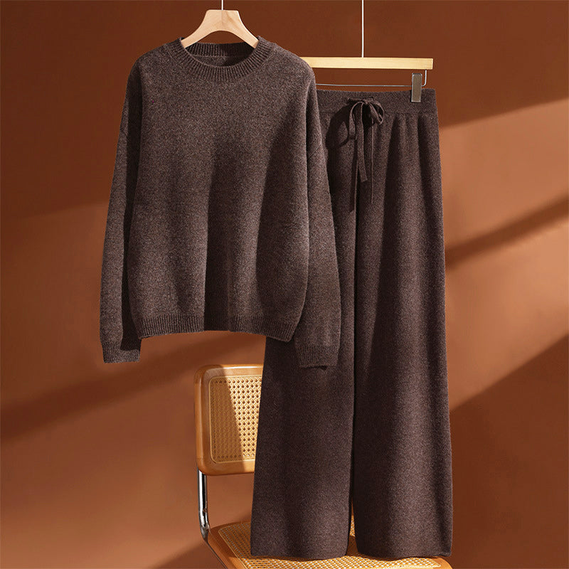 Wool Knit Crew Neck Sweater and Pants Set for Women