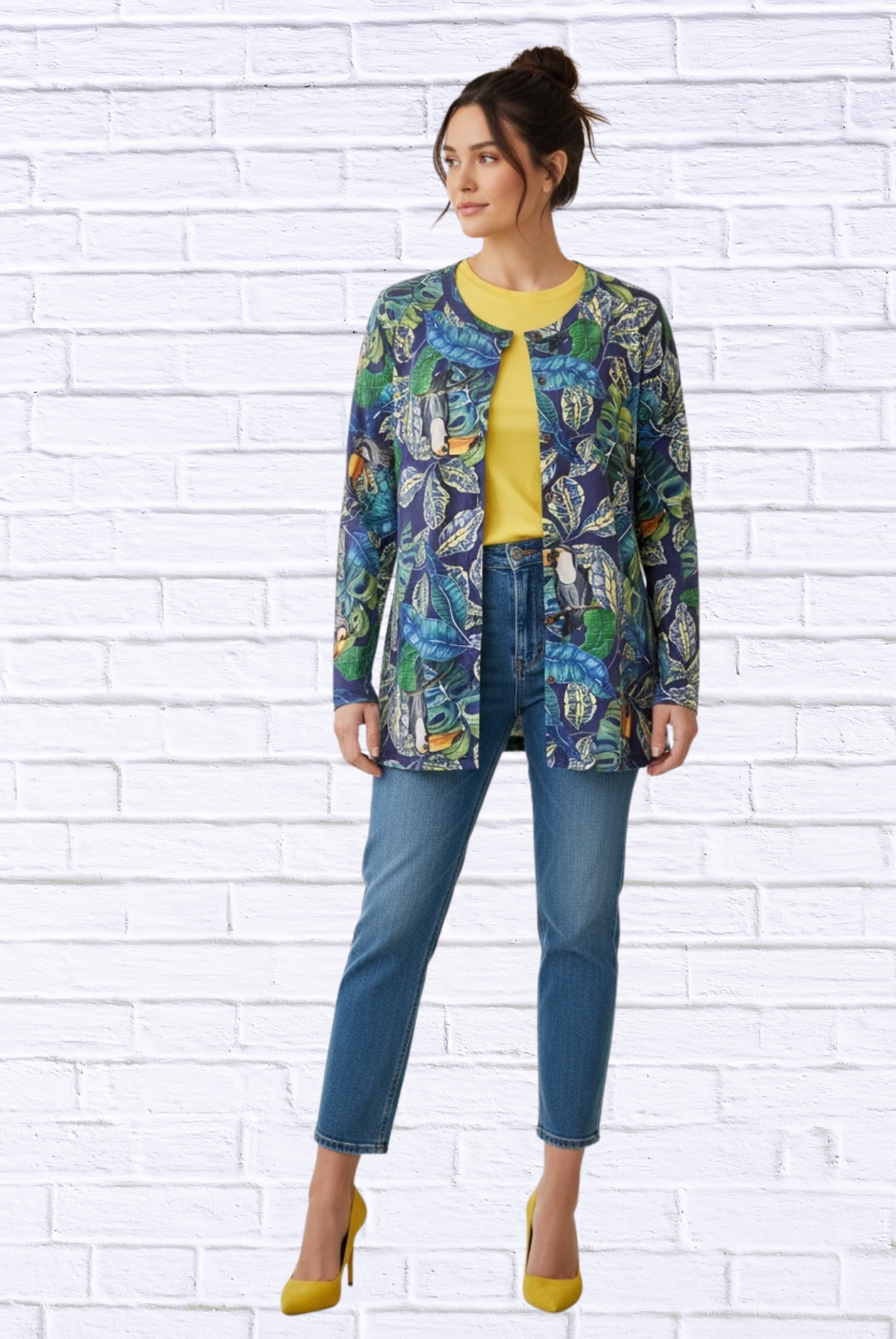 Tropical Print Button-Through Knit Cardi Top – Round Neck Lightweight Layering Piece