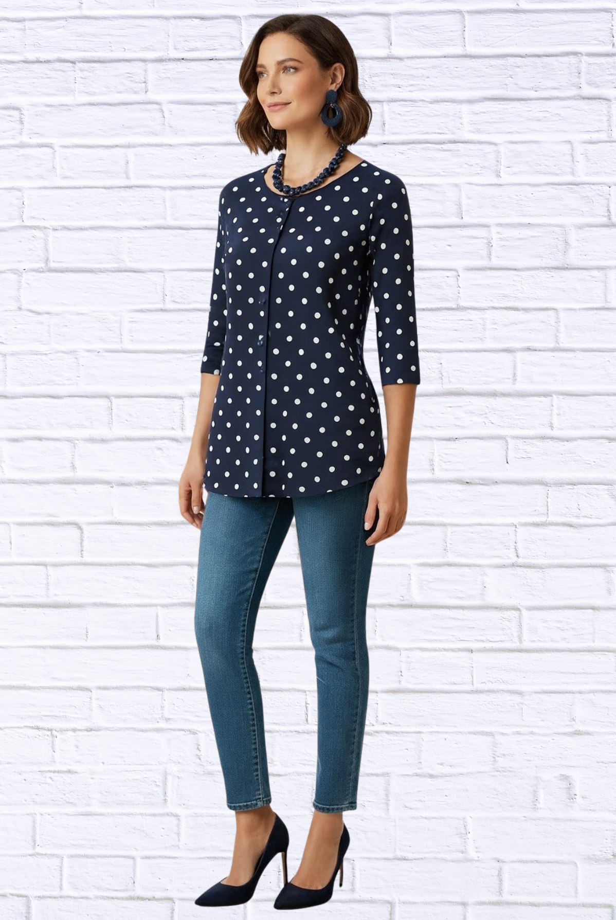 Navy Polka Dot Button-Up Top – Classic Round Neck 3/4 Sleeve Blouse