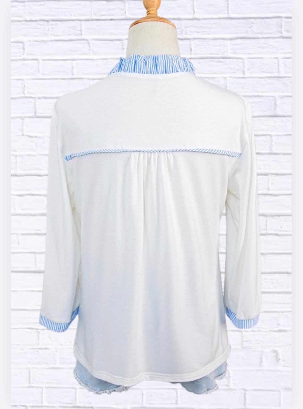 Stripe Patchwork Frilled V-Neck 3/4 Sleeve Blouse