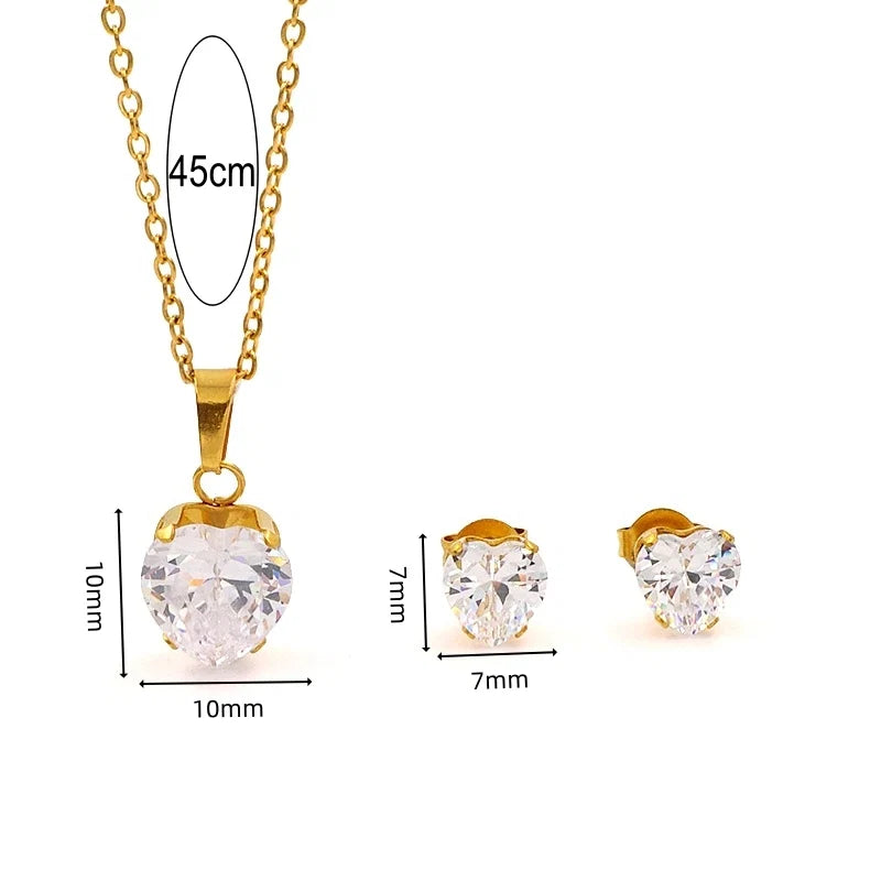 Non Tarnish Waterproof Love Heart Cubic Zirconia Necklace Earrings Sets
