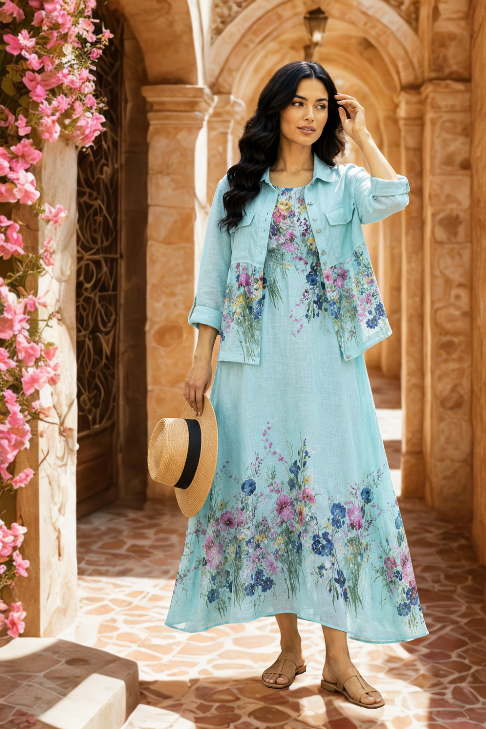 Italian Linen Floral Dress and Jacket Set for Women