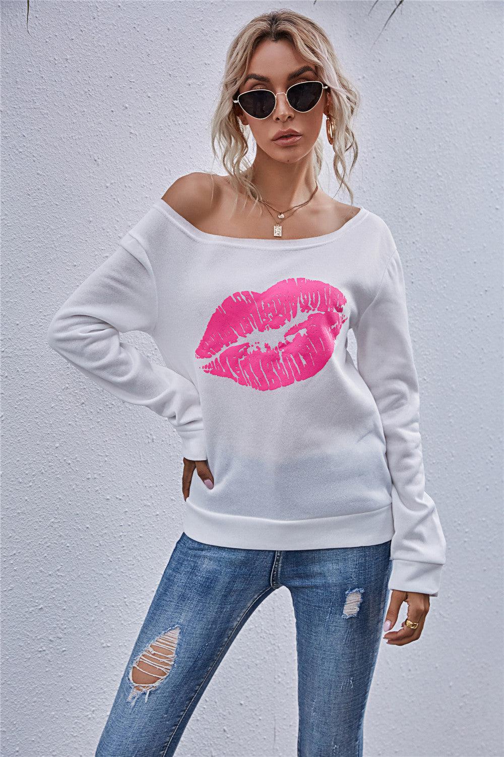 Blue Zone Planet | Lip Graphic Off-Shoulder Sweatshirt