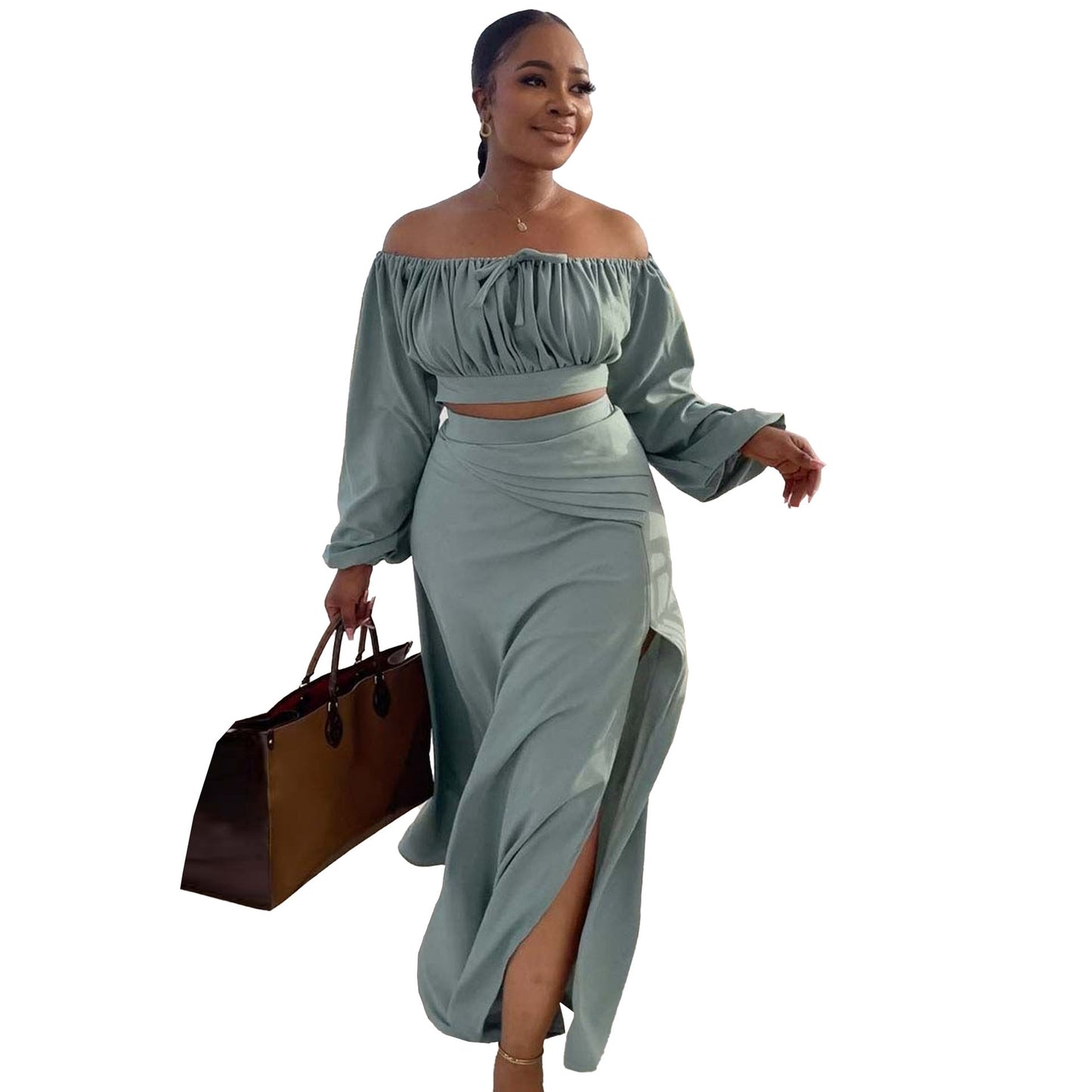 Sexy Lantern Sleeve Suit Two Piece Set Light Blue