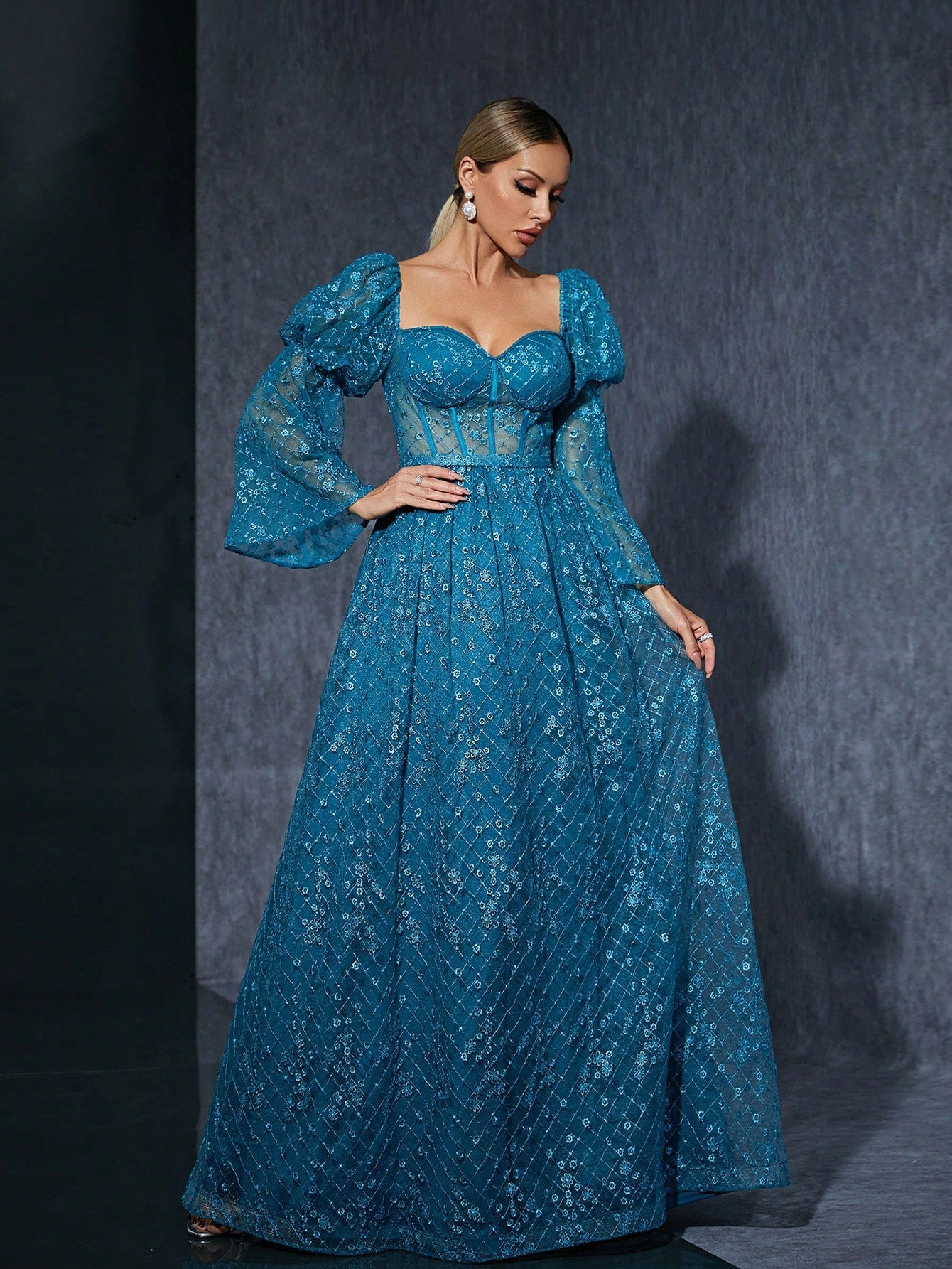 Bell Sleeve Dress Evening Party Embroidered Evening Dress Blue