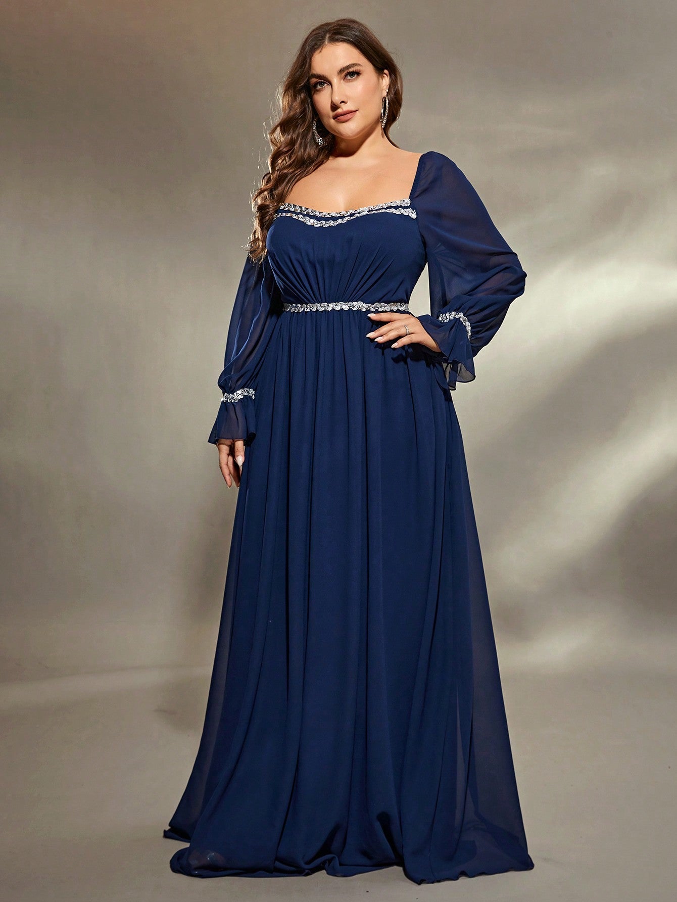 Evening Dress Plus Size Chiffon Long Sleeve Evening Dress Blue