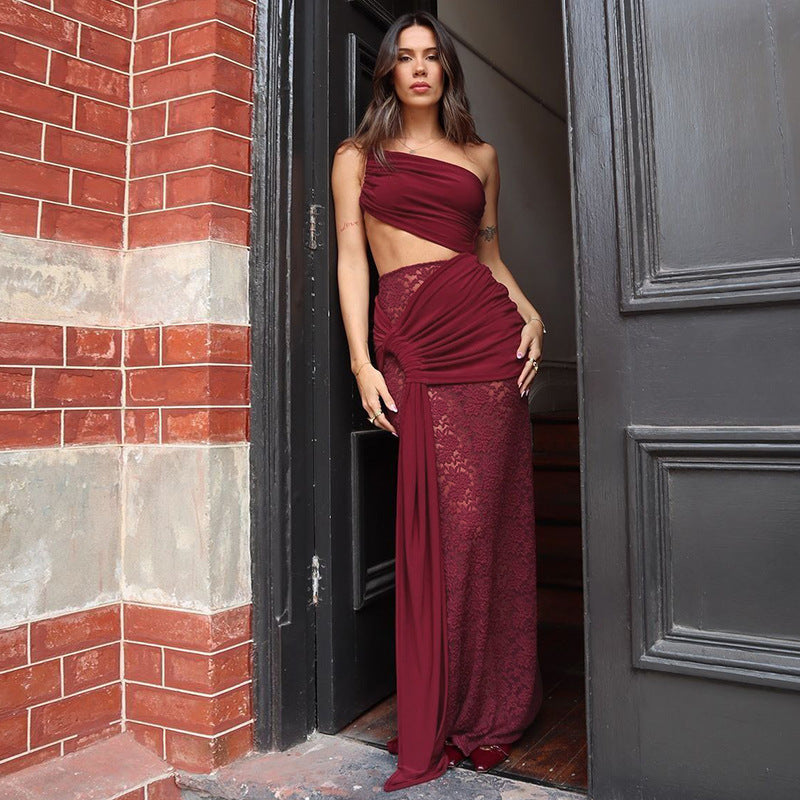 Sexy Mid Waist Hollow Out Cutout Lace Strap Dress Burgundy