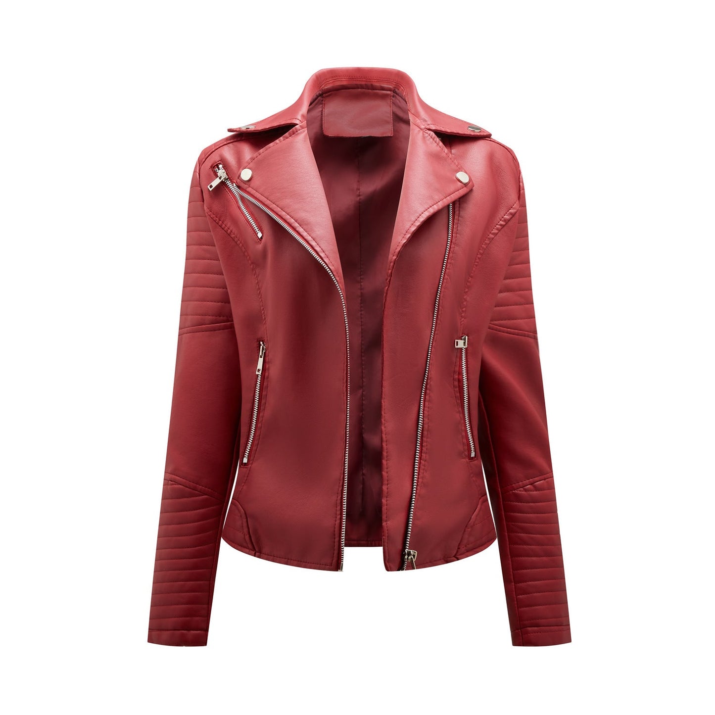 Faux Leather Collared Motorcycle Jacket Burgundy