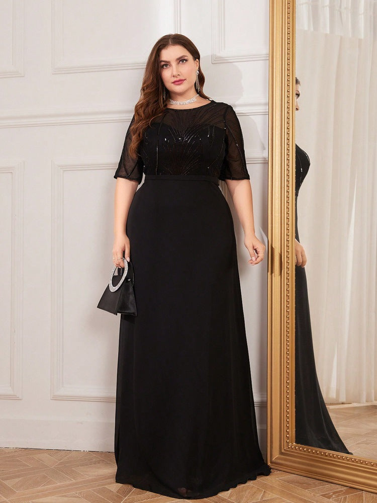 Short Sleeve Dress Maxi Dress Sequin Chiffon Wedding Guest Bridesmaid Cocktail Evening Dress Black
