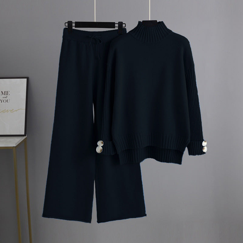 High Collar Solid Knit Set