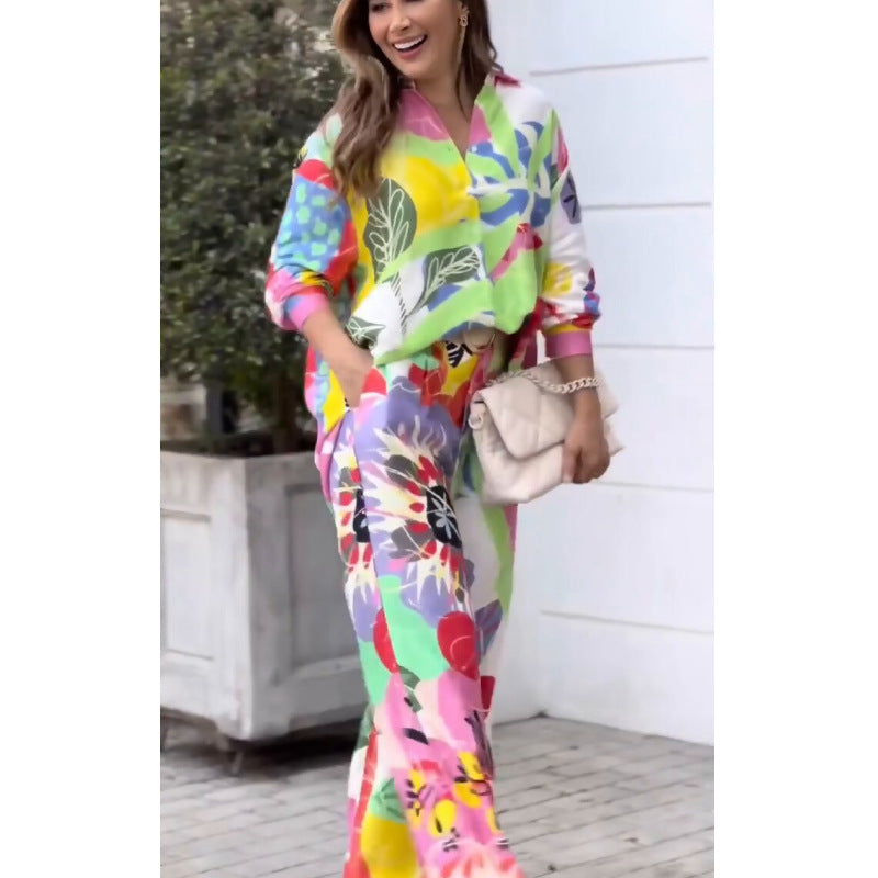 Office Long Sleeve Loose Shirt High Waist Wide Leg Pants Women Set
