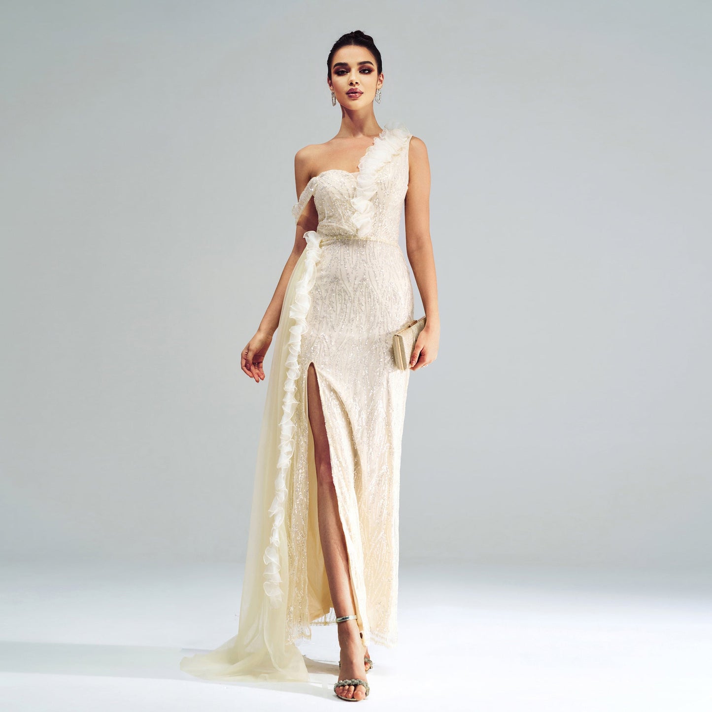 Elegant Sleeveless One Shoulder Cold Shoulder Cocktail Sequined Split Evening Dress