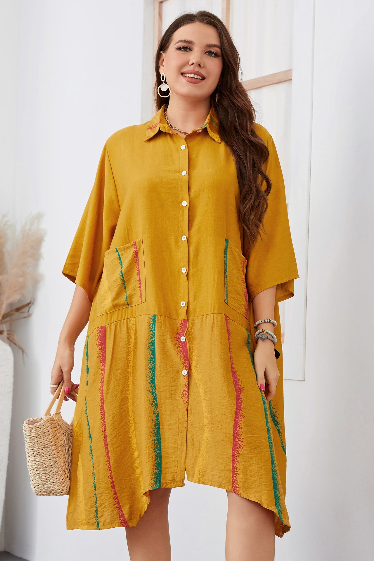 Plus Size Irregular Short Sleeves Shirt Dress Yellow