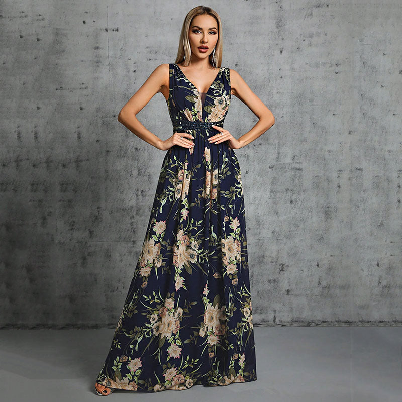 Open Back Sleeveless Printed Gown Multi