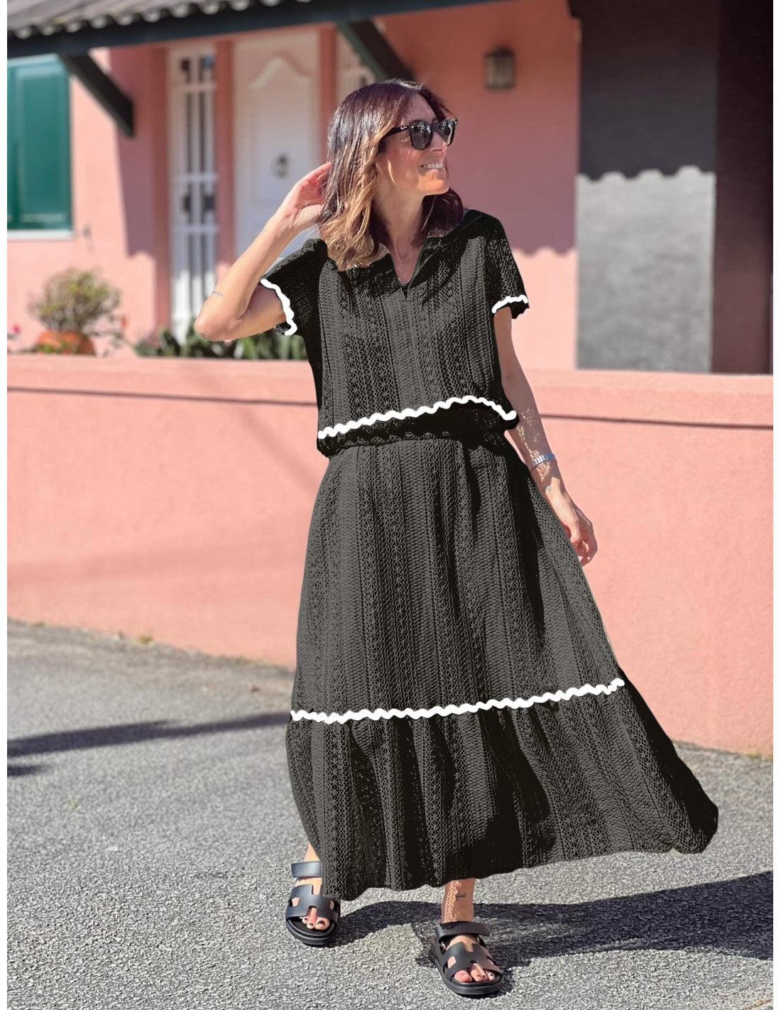 Summer Women Comfort Casual Shirt Collar Lace Skirt Set Black