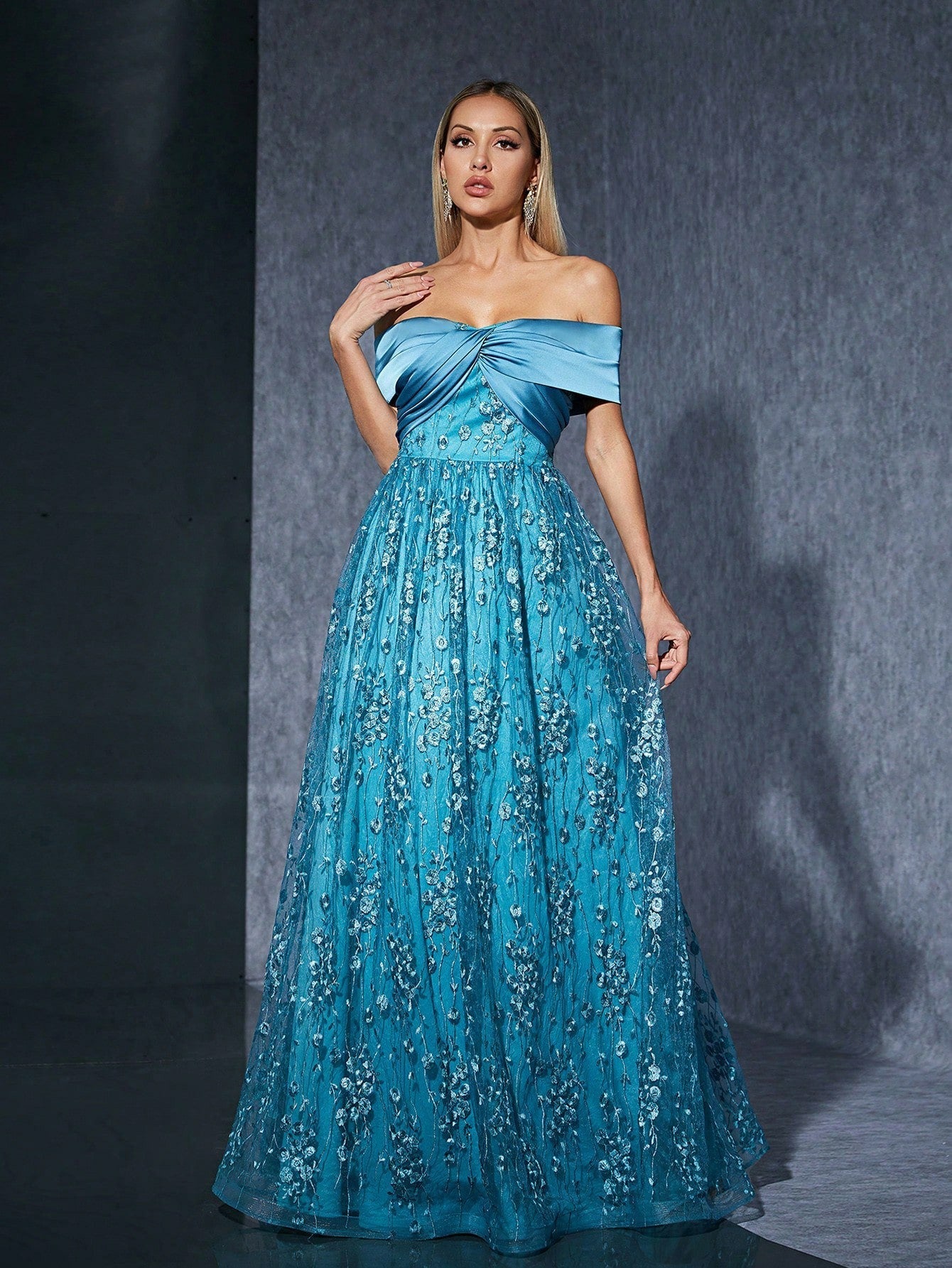 Off Shoulder Bow Dress Embroidery Elegant Evening Dress Blue