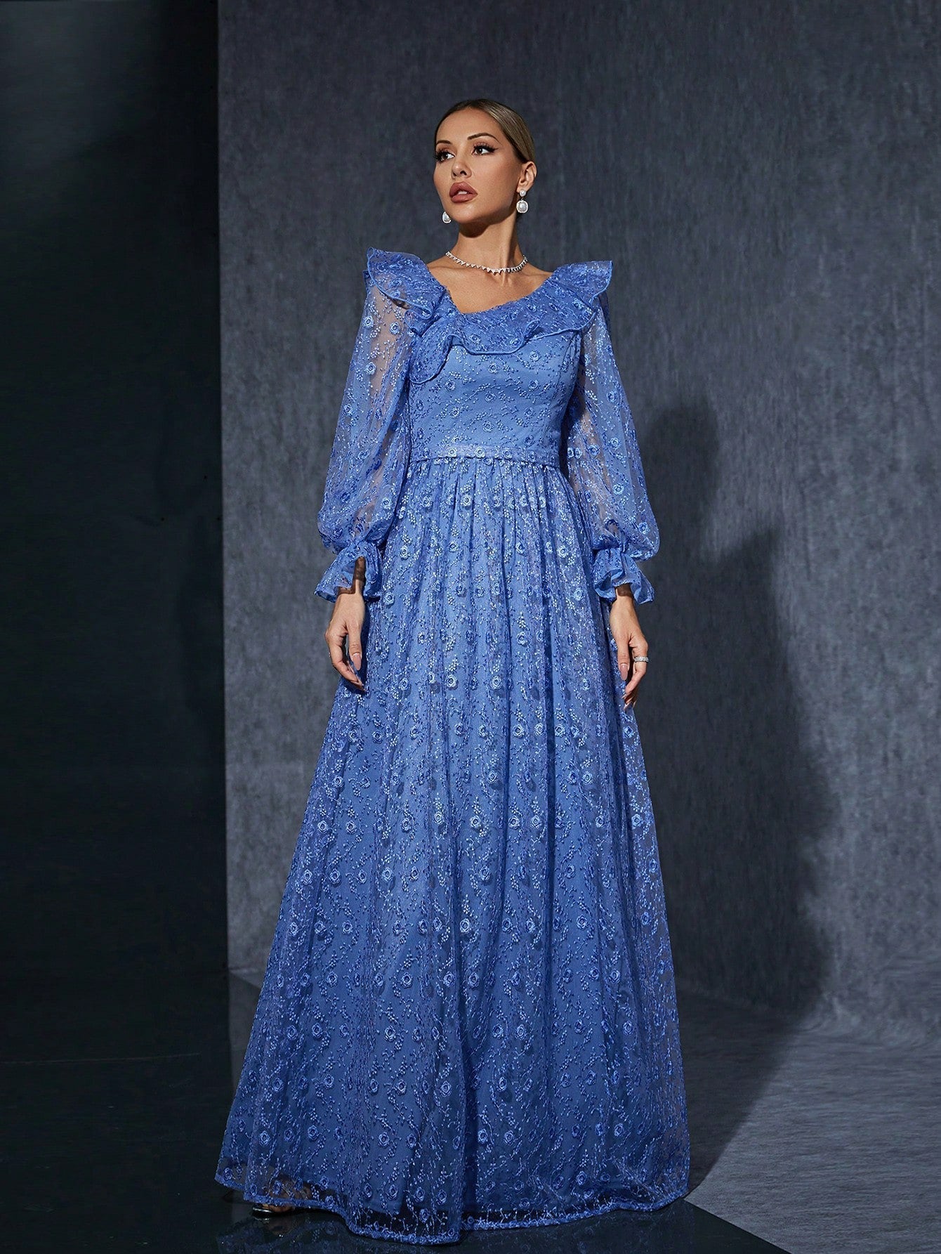 Puff Shoulder Long Sleeves Evening Dress Blue