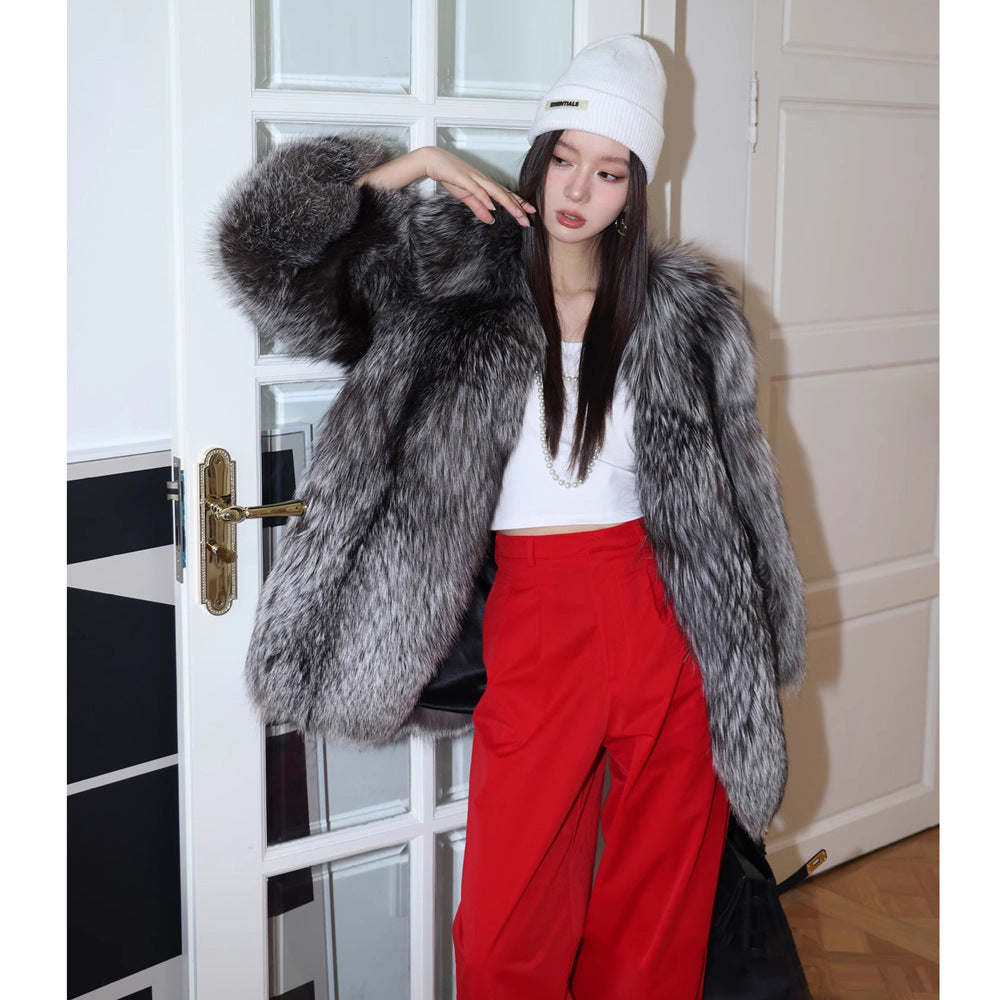 Silver Fox Fur Mid-Length Trench Coat