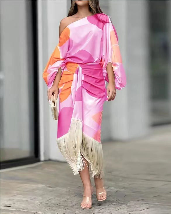 Printed Lantern Sleeve Loose Top Tassel Hem Skirt Women Two Piece Rose Printing