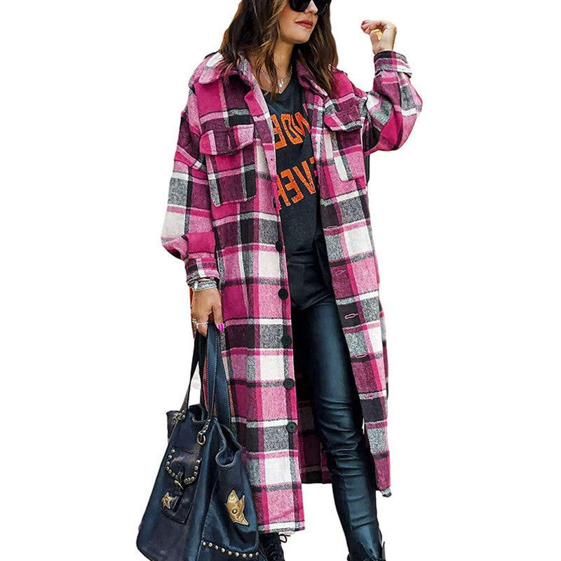 Plaid Woolen Slim Long Coat