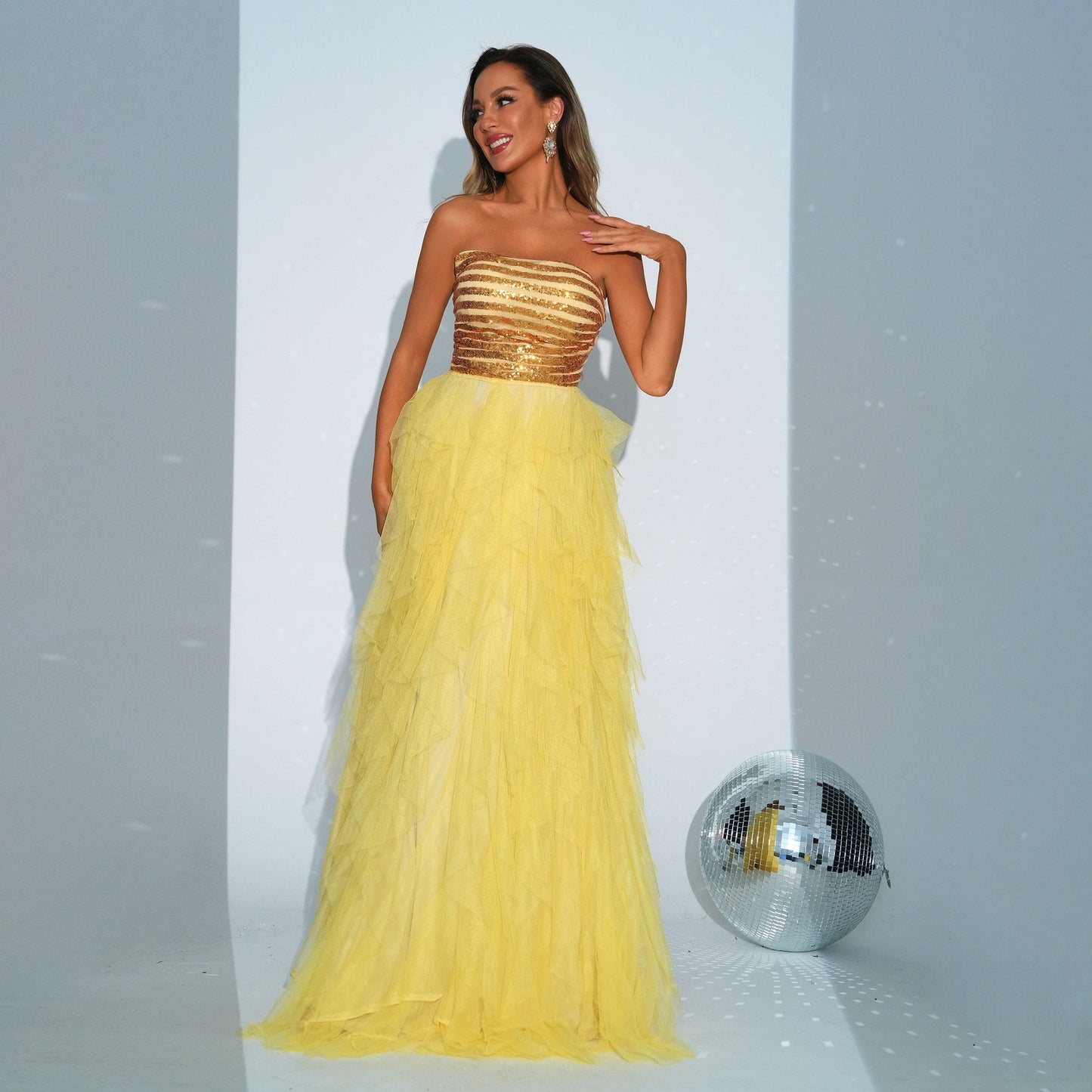 Strapless Sequined Cocktail Dress Yellow