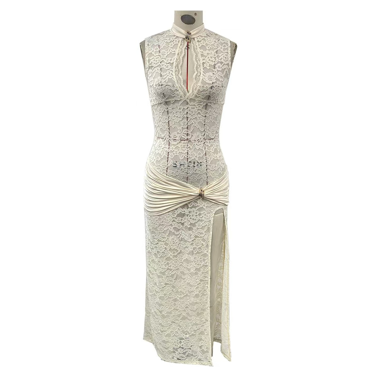 Cutout High Slit Slim Sleeveless Dress Women Apricot