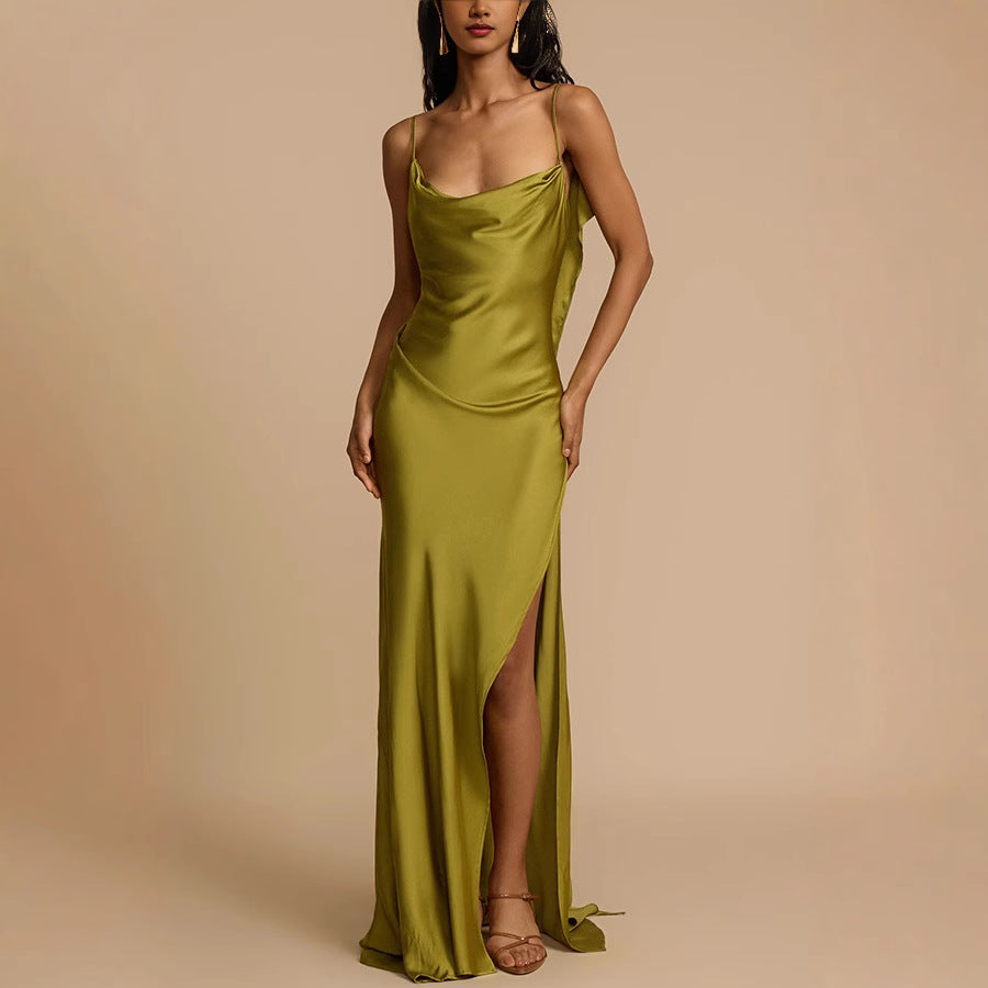 Solid High Split Satin Dress Matcha