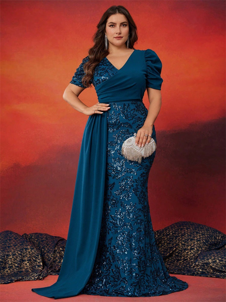 Elegant Sequin Formal Ball Gown Duck Blue