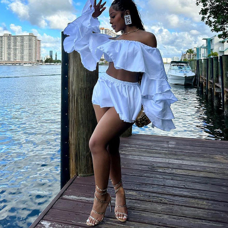Spring Solid Color Ruffled Sexy Super Top Pleated Skirt Two Piece Set M White