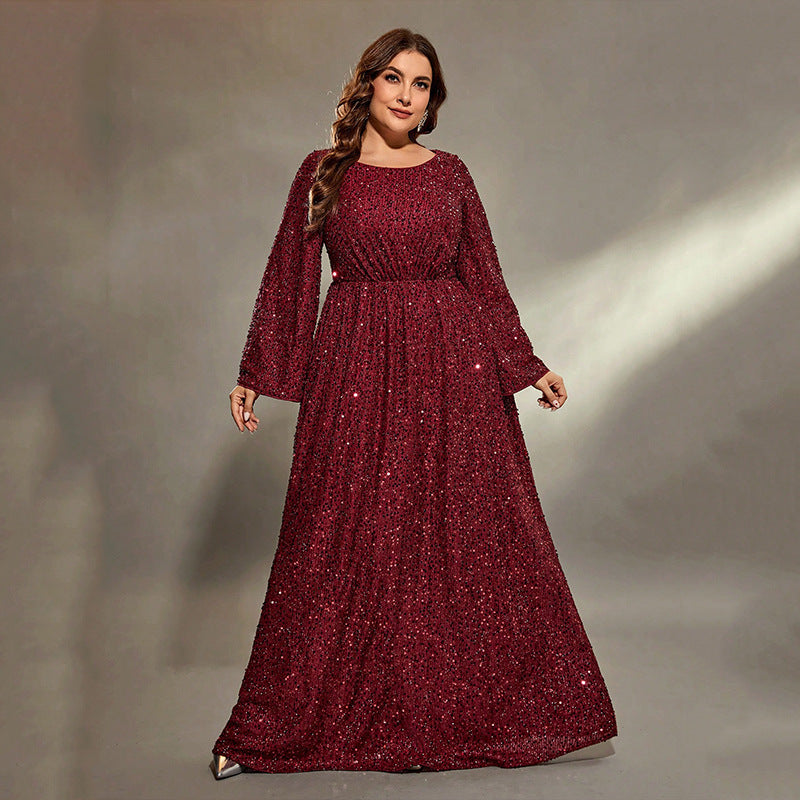 Plus Size Evening Dress Women Cocktail Extra Flattering Sequined Long A Line Dress Red