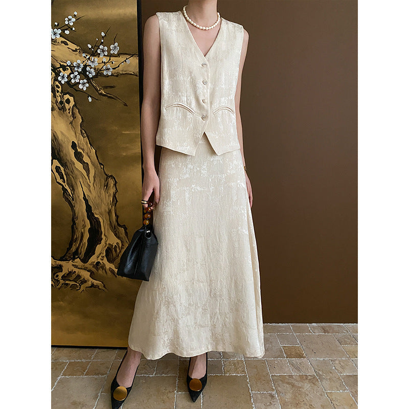 Chinese Elegant Jacquard Chinese Vest Skirt Two Piece Set Early Spring Apricot Skirt